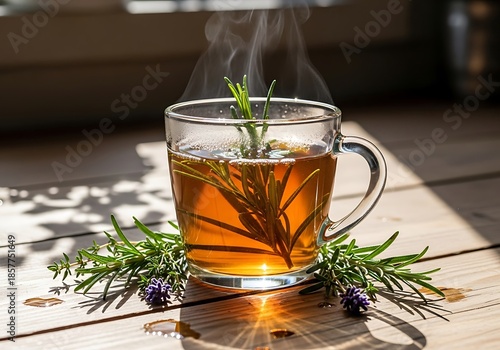 Steaming herbal tea with rosemary and lavender on wooden table.