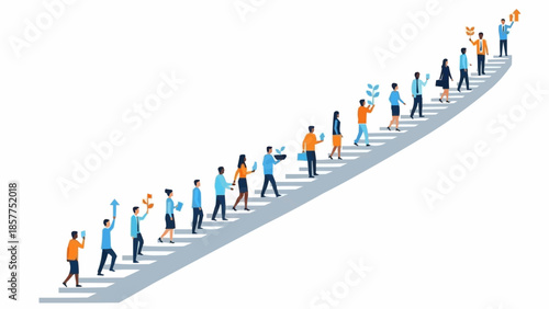 Diverse group of people walking up a long staircase together.