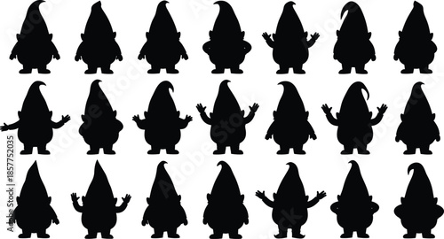 Funny gnome silhouettes character set, cute fantasy dwarf figures collection isolated on white background for illustration design projects commercial use