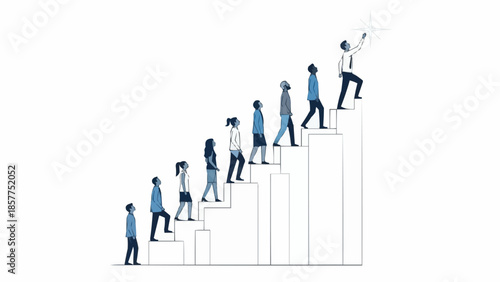 Diverse group of people climbing stairs towards success and leadership.