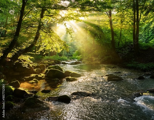 sunlight streams through lush trees illuminating a gentle stream use for nature scenes wellness or a peaceful calming backdrop