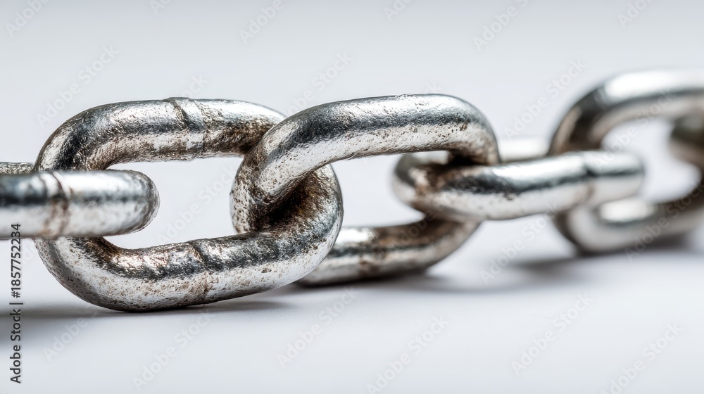 Fototapeta premium Close-up of Heavy Silver Metal Chain Links, Isolated on Light Grey Background