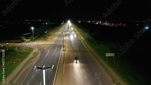 aerial view of four lane highway infrastructure newly developed in Gaborone Botswana, night time