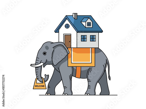An elephant carrying a house on its back with a welcome sign in its trunk.