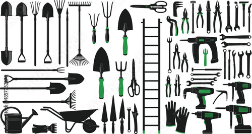 Gardening and construction tools set illustration, shovels rakes drills ladders gloves equipment collection isolated on white background design for projects