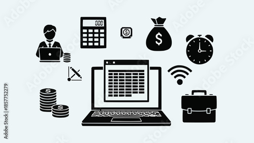 Business and Finance Icons Representing Financial Management and Online Business Operations.