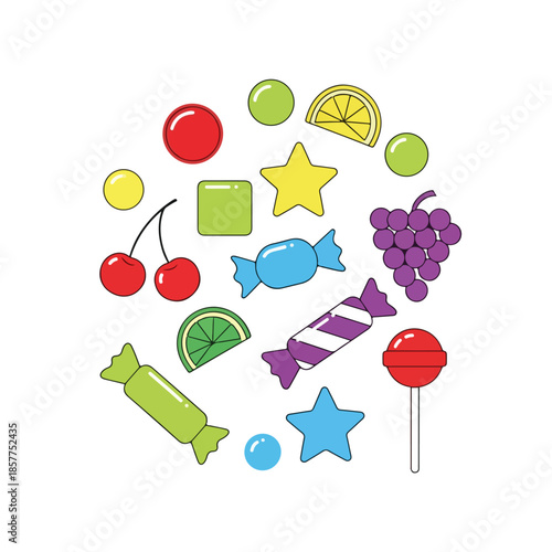 Colorful sweets and candies fruits and treats in a circle.