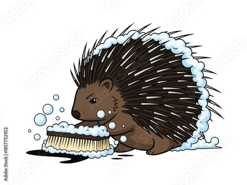 A cartoon porcupine is shown with its quills covered in soap suds, actively scrubbing a large brush with its paws.