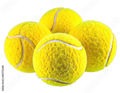 Four vibrant yellow tennis balls arranged closely, appearing ready for a game