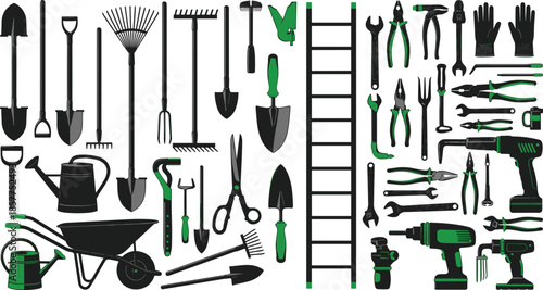 Gardening tools silhouettes set, hand tools power tools equipment collection isolated on white background vector illustration design for landscaping work