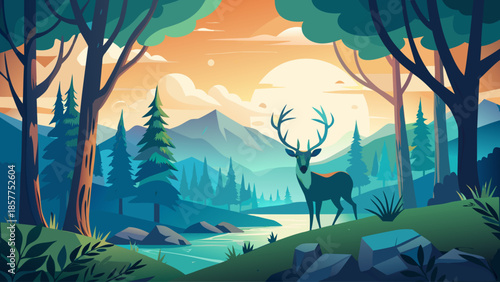 Forest landscape vector with deer silhouette, peaceful wildlife nature scene, flat style