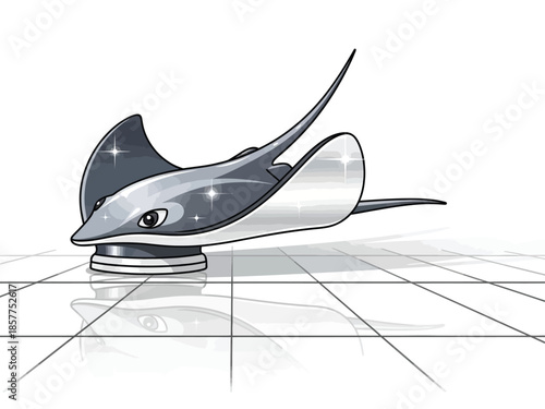 A stylized illustration of a manta ray-shaped object with a shiny, metallic finish, resting on a reflective surface with a grid pattern.