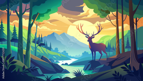 Forest landscape vector with deer silhouette, peaceful wildlife nature scene, flat style