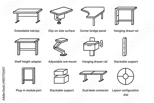 Connector desk strip configuration icons riser extendable side arm vector icon expansion
