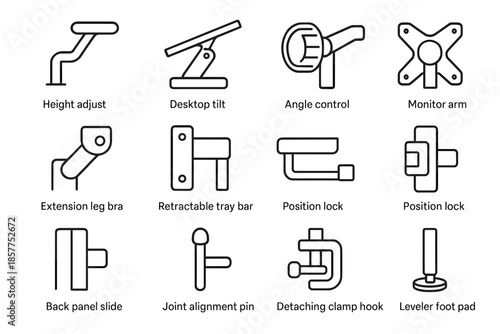 Hinge insert lock extension mechanism pin icon adjustable joint vector desk foot