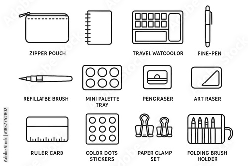 Eraser ruler compact vector pen tile mini kit sketchbook art icon paper