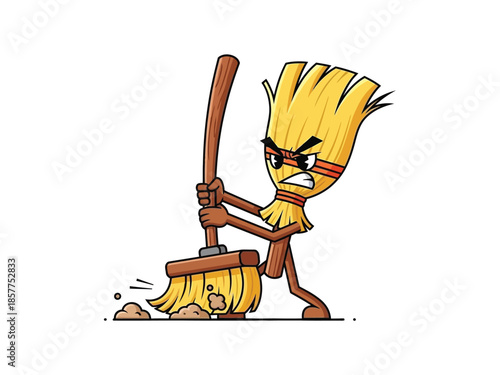 A cartoon illustration of a fierce-looking broom character aggressively sweeping dirt on a white background.