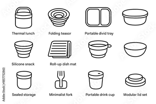 Travel vector holder fork storage case set icon kitchen drink folding dish