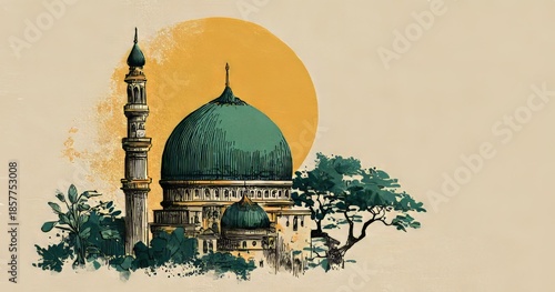 Hand-Drawn Doodle of Mosque with Green Dome and Sunlit Background for Ramadan