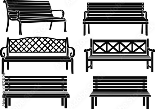Park bench silhouettes set, outdoor wooden garden seating furniture collection isolated on white background illustration for urban landscape design projects