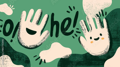 Playful cartoon hands with smiling faces forming a cheerful greeting on a textured green background, happy illustration