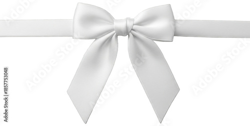 A gracefully formed, pristine white satin bow with flowing ribbons and a delicately knotted center, presented against a , suggesting a decorative accent for gift, isolated on transparent background.