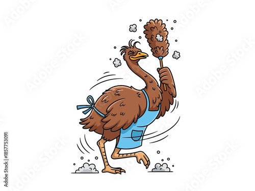 A cartoon ostrich wearing an apron and holding a duster, enthusiastically cleaning with dust clouds around it.