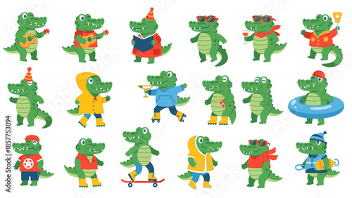 Playful cartoon crocodile character set engaged in diverse activities and adventures