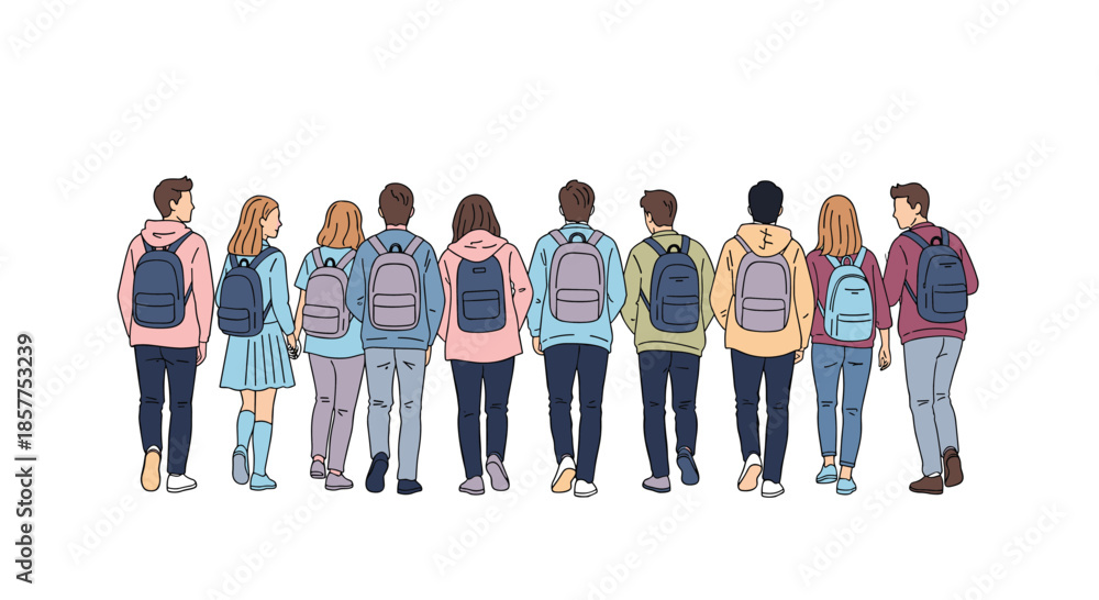 Fototapeta premium Rear view of a diverse group of young male and female students with backpacks walking together in a line, hand-drawn style.