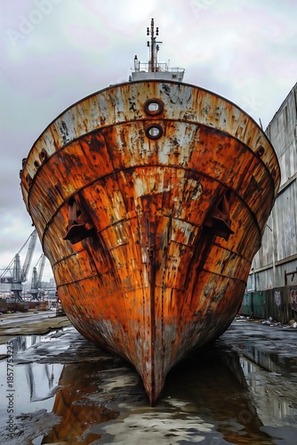 Rusty ship hull in an industrial dockyard.