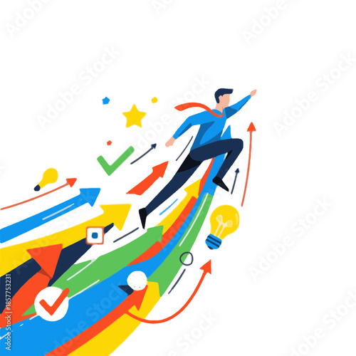 Man running with colorful arrows and symbols surrounding him in a dynamic illustration