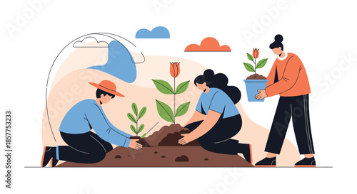 Group of three people working together to plant flowers and trees, illustrating teamwork, gardening, and environmental care.