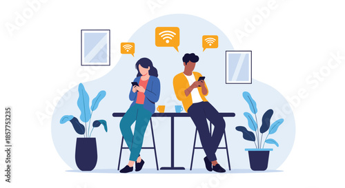 Young man and woman standing back-to-back, both engrossed in their smartphones with Wi-Fi symbols floating above their heads.