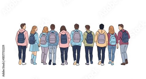 Rear view of a diverse group of young male and female students with backpacks walking together in a line, hand-drawn style.