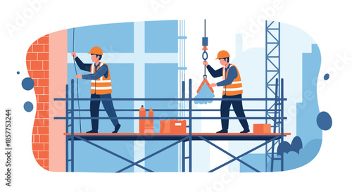 Two construction workers in safety vests and hard hats working together on scaffolding at a building construction site.