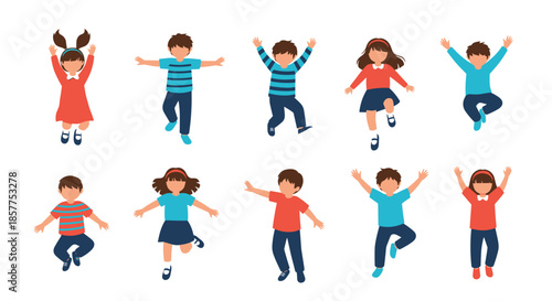 A joyful set of ten diverse cartoon children, boys and girls, jumping in the air with excitement and happiness on a white background.