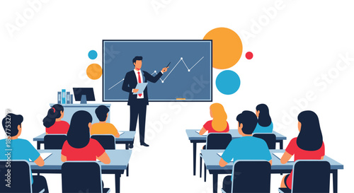 Male teacher in a suit presenting a rising line graph on a blackboard to a class of attentive students sitting at their desks.