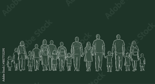 Chalkboard-style sketch of a large, diverse group of adults and children walking forward together from a rear view perspective.