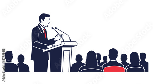 A confident politician or business leader is delivering a powerful speech at a podium to a large, attentive audience.