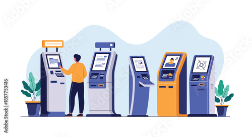 A young man is using a self-service payment kiosk, with a variety of other modern interactive terminals displayed nearby.