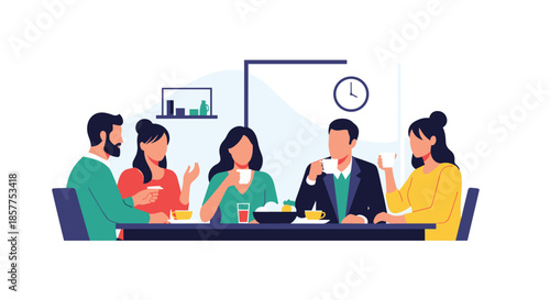 A friendly group of five colleagues or friends are gathered around a table, enjoying a pleasant conversation over a coffee break.