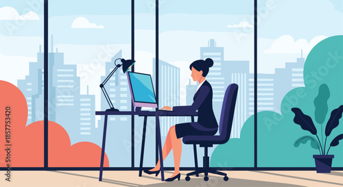 A professional businesswoman is working diligently on her computer at a modern office desk with a large window showing a city view.