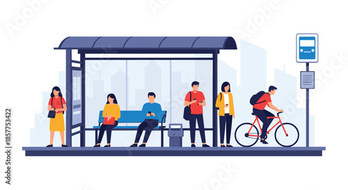 Group of diverse people waiting for public transportation at a modern city bus stop, some using their mobile phones.