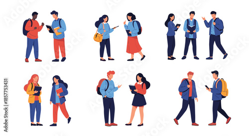 A set of six illustrations showing various pairs of male and female college students talking, walking, and interacting on campus.