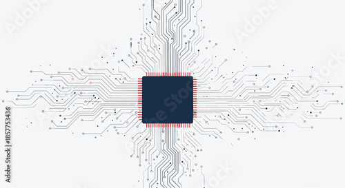 An abstract technology background featuring a central computer processor (CPU) with intricate circuit board patterns radiating outwards.
