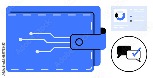 Graphic wallet with circuit pattern, data interface, and conversation icons representing digital finance, technology integration, payments, cryptocurrency, secure transactions, fintech, simple flat