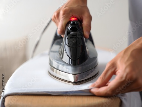 Person Ironing Clothes on Ironing Board, Close-Up
