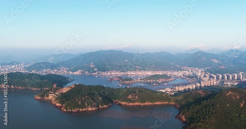 Ningbo Xiangshan Harbor Aerial Sunrise with Fishing Farms