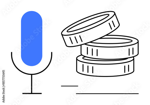 Fintech, digital transactions, podcast monetization, content creation, online payments, voice control. A microphone and stacked coins . Fintech and digital transactions