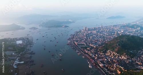 Ningbo Xiangshan Harbor Aerial Sunrise - Fishing Vessels and City